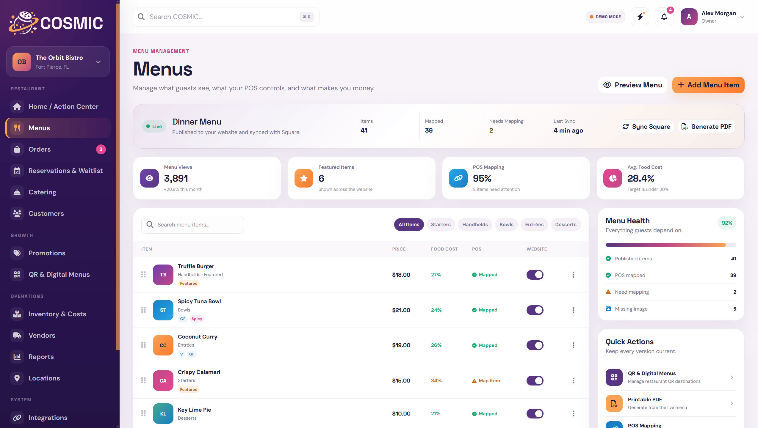 Menus dashboard in COSMIC