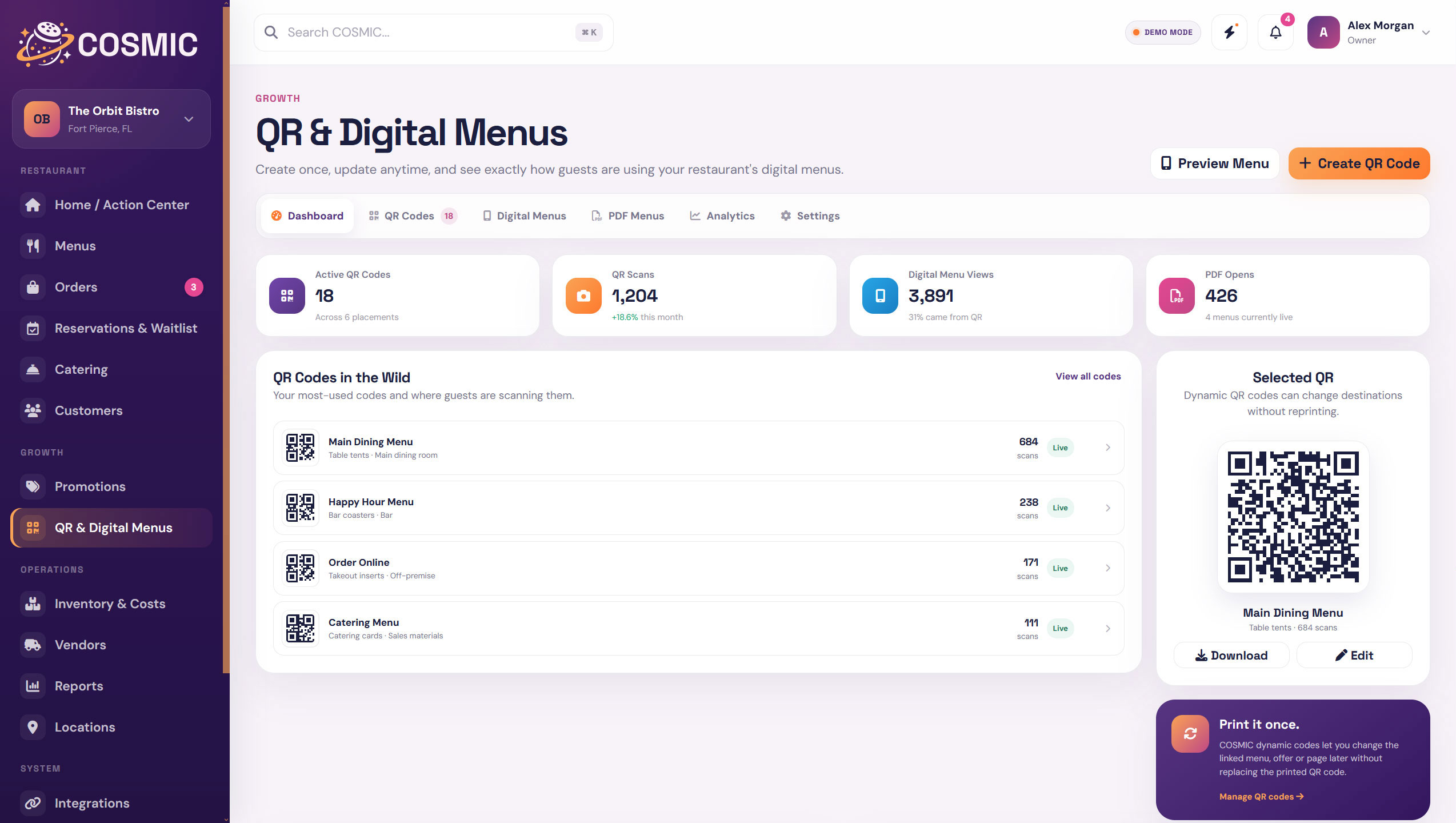 QR & Digital Menus dashboard in COSMIC