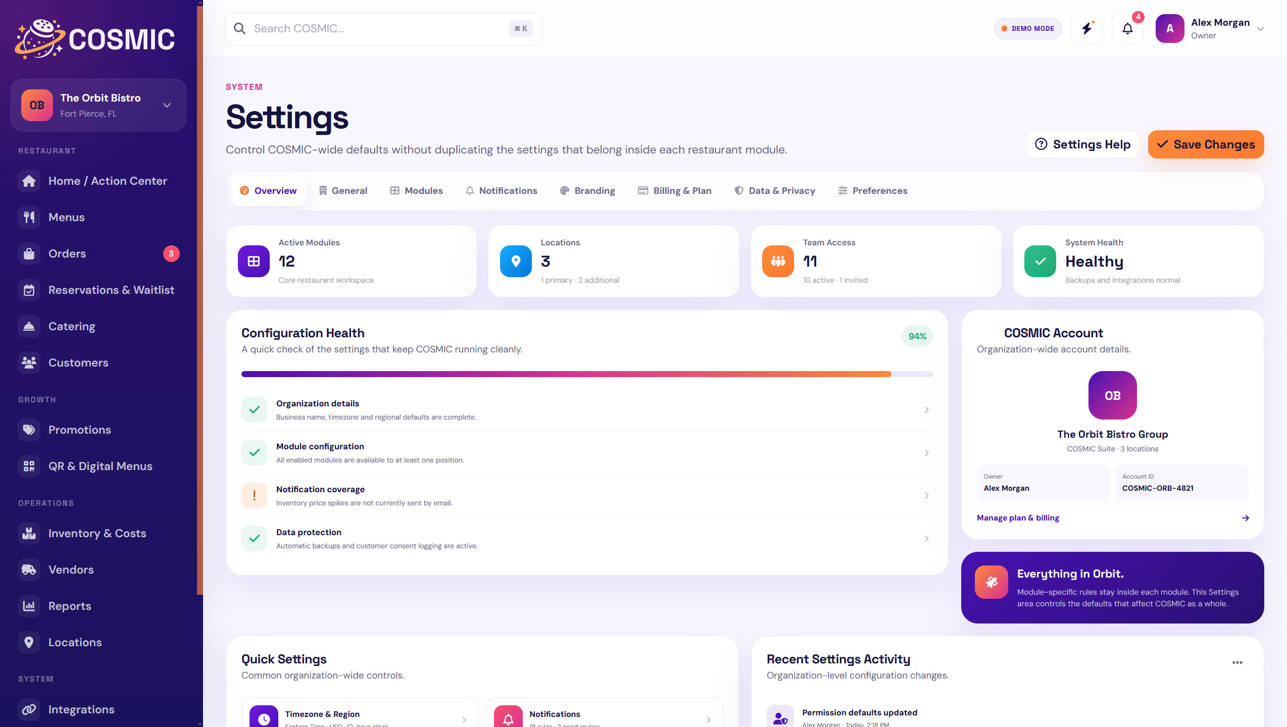 COSMIC restaurant settings dashboard