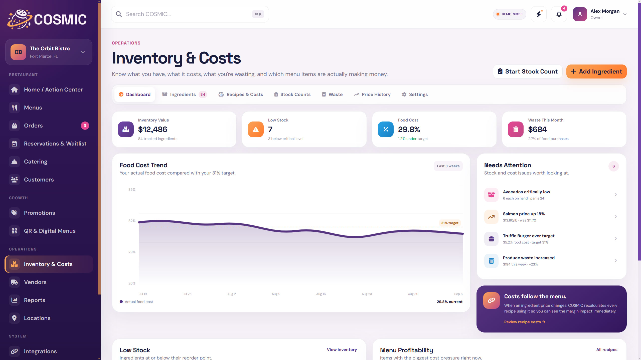 Inventory & Costs screen preview