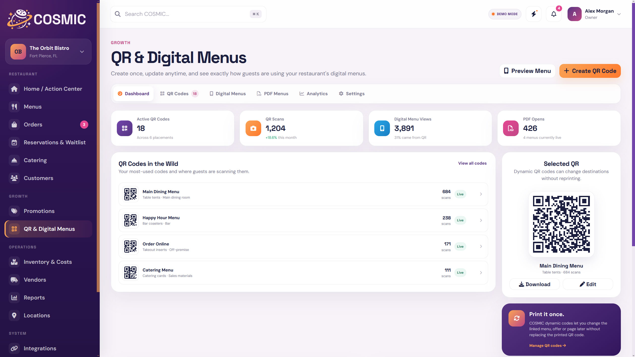 QR & Digital Menus screen preview